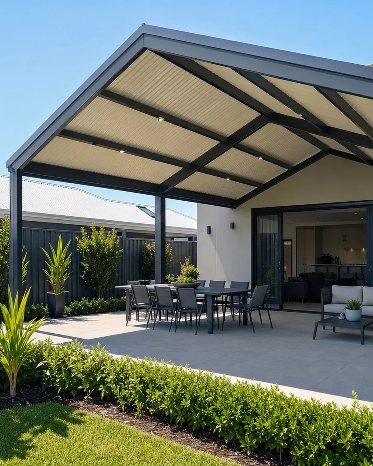 High pitched gable patio over an outdoor entertaining area in Joondalup