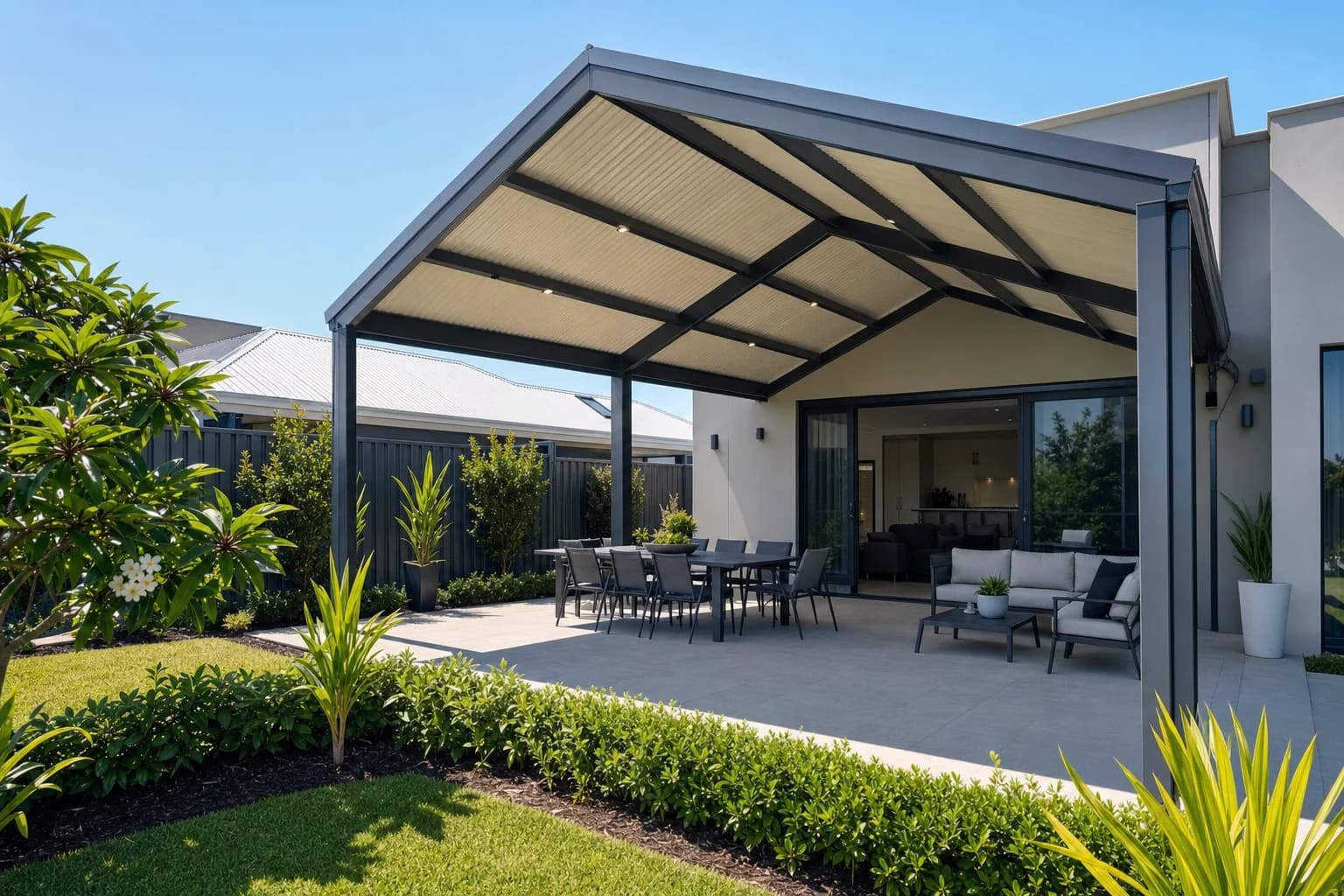 High pitched gable patio over an outdoor entertaining area in Joondalup