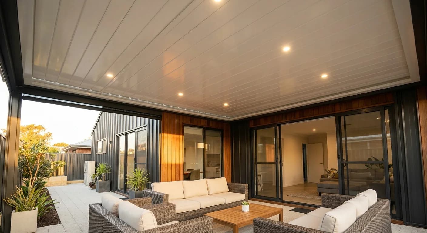 Insulated Solarspan patio with a finished ceiling and downlights in Joondalup