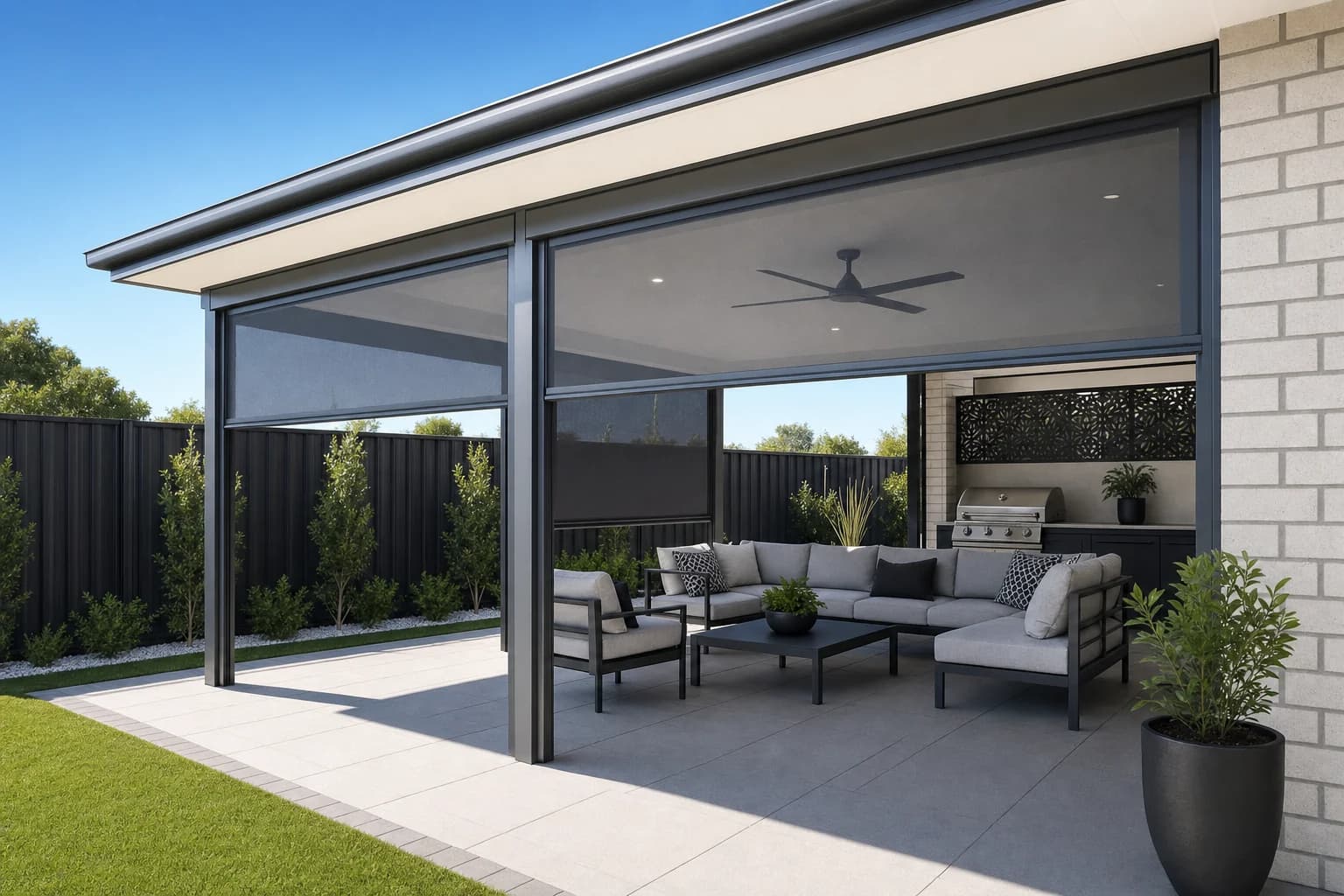 Cafe style outdoor blinds fitted to a patio in Joondalup